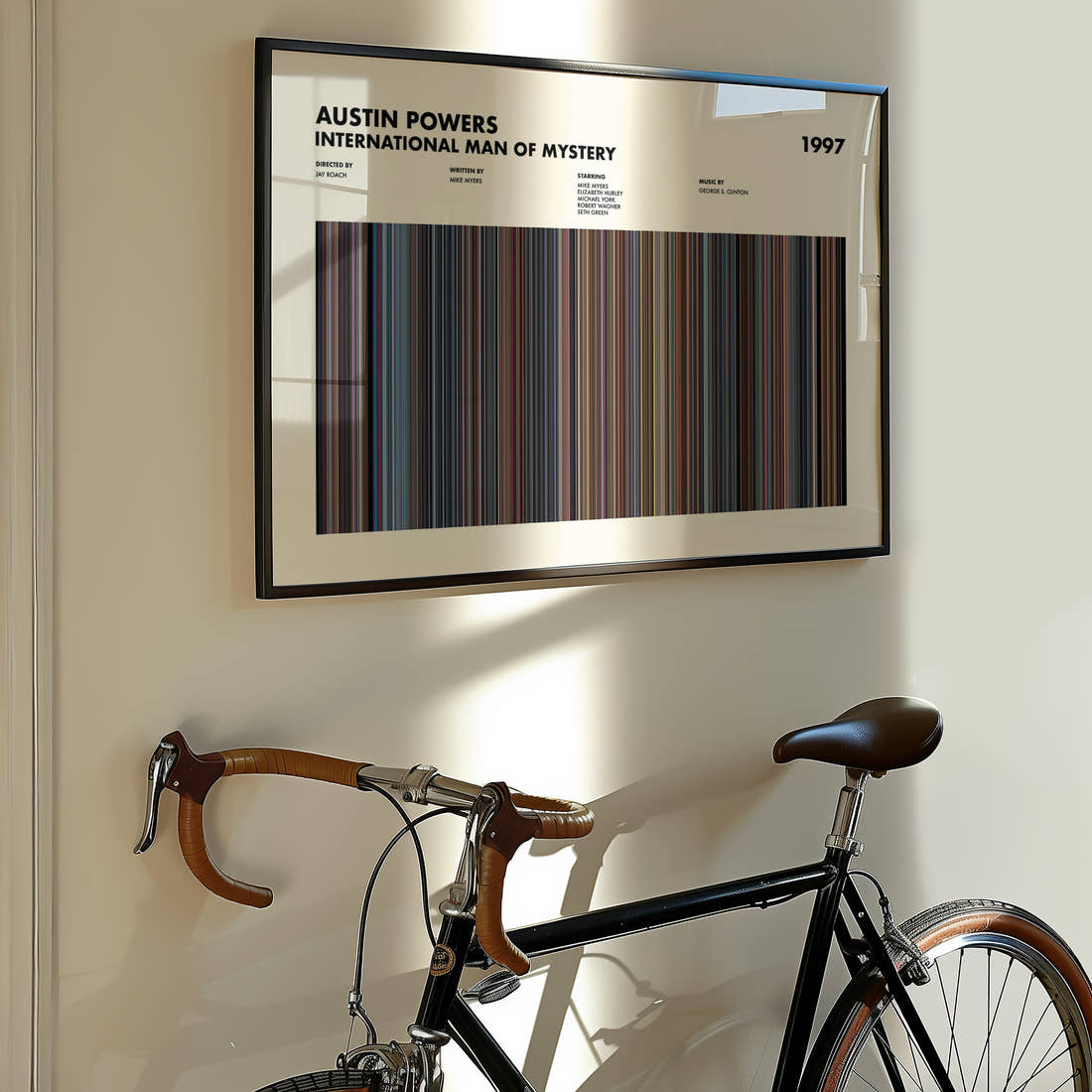 Austin Powers: International Man of Mystery Movie Barcode Poster framed on the wall of a styled room setting