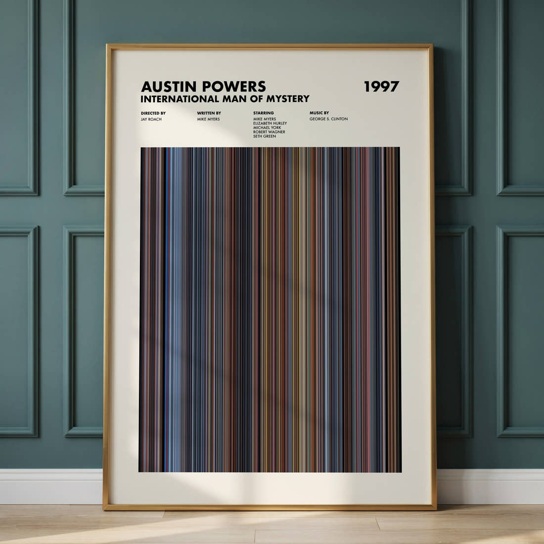 Austin Powers: International Man of Mystery Movie Barcode Poster framed and leaning against a panelled wall