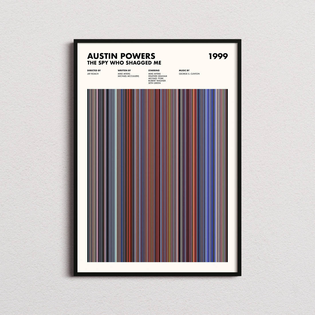 Austin Powers: The Spy Who Shagged Me Movie Barcode Poster framed on a plain studio wall