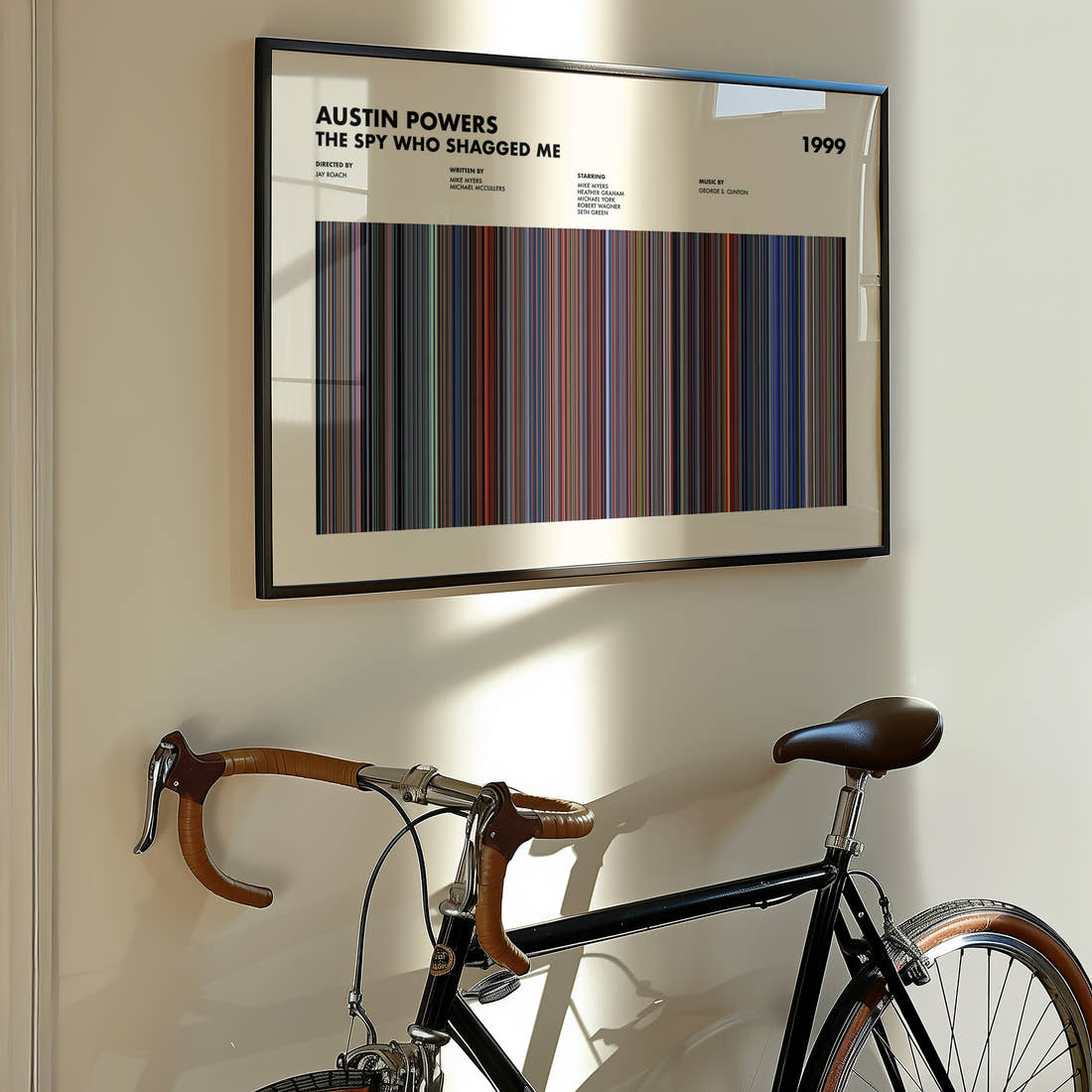 Austin Powers: The Spy Who Shagged Me Movie Barcode Poster framed on the wall of a styled room setting