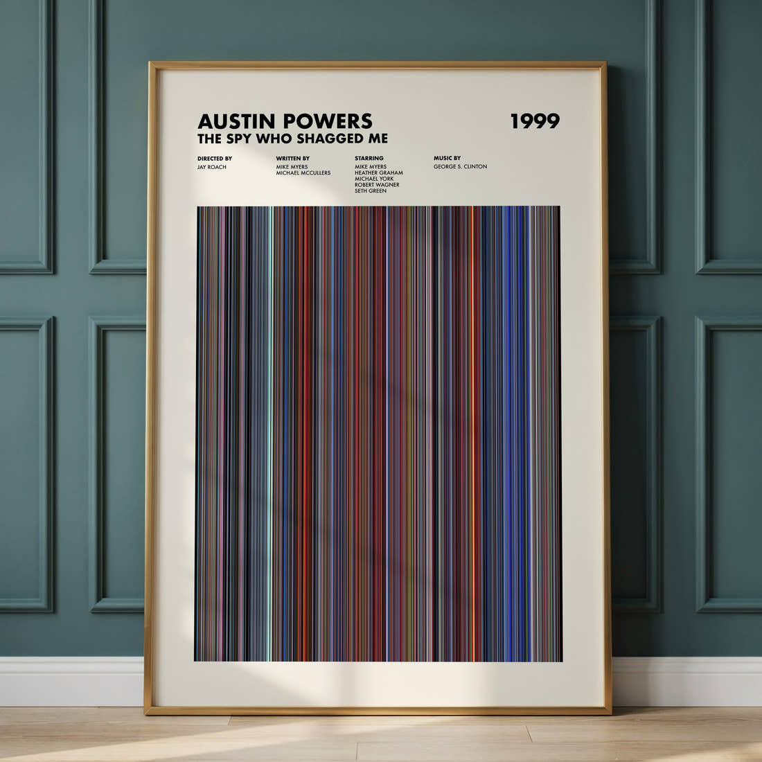 Austin Powers: The Spy Who Shagged Me Movie Barcode Poster framed and leaning against a panelled wall