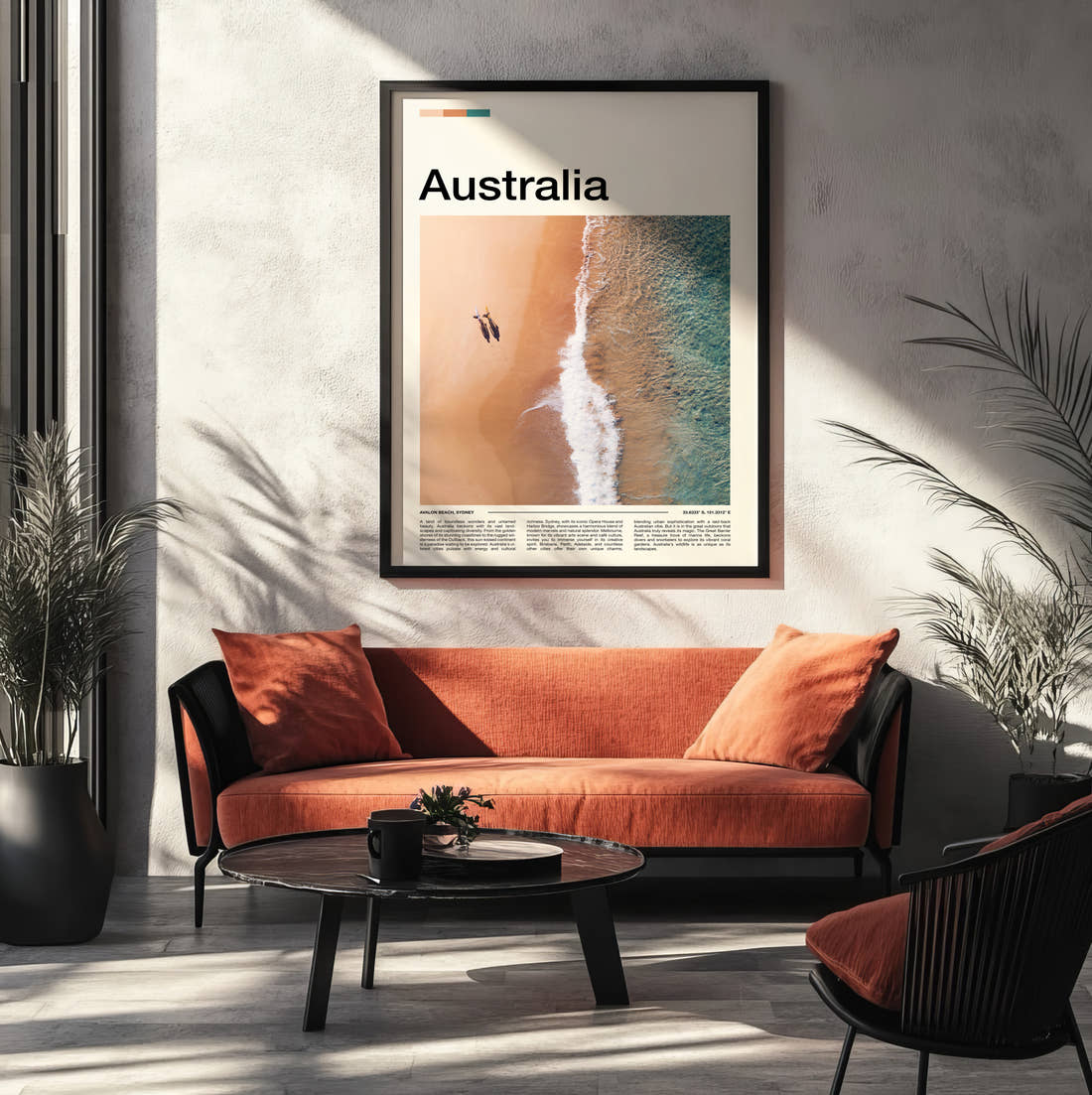 Australia Shoreline From Above Travel Print framed on the wall of a modern living room