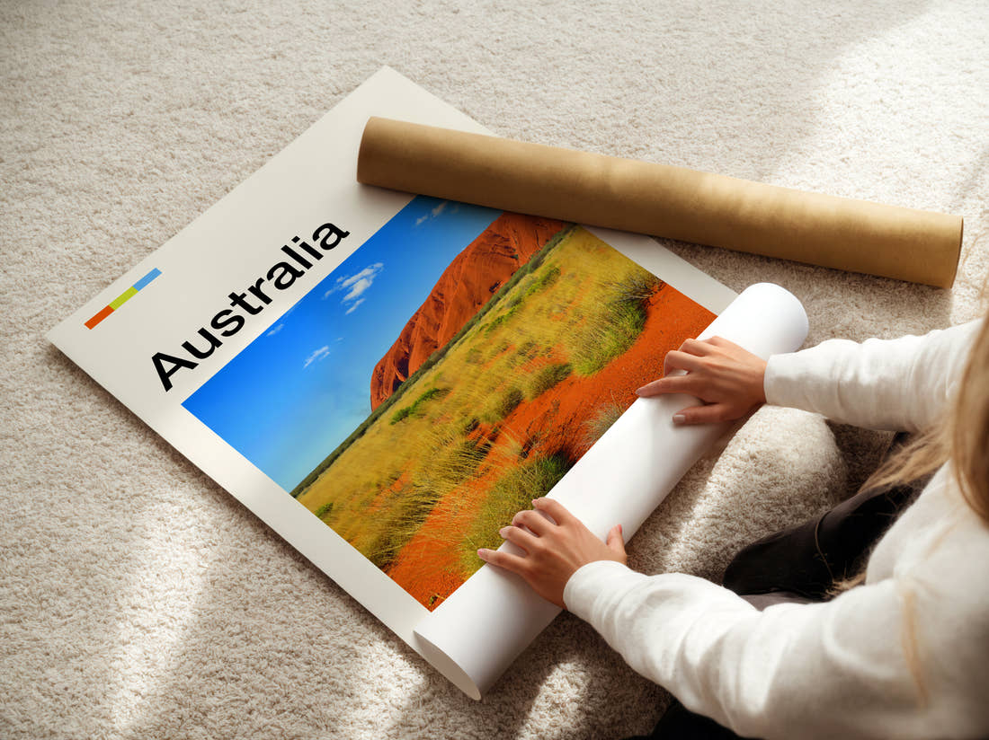 Australia Uluru Travel Print being unrolled from its postal tube