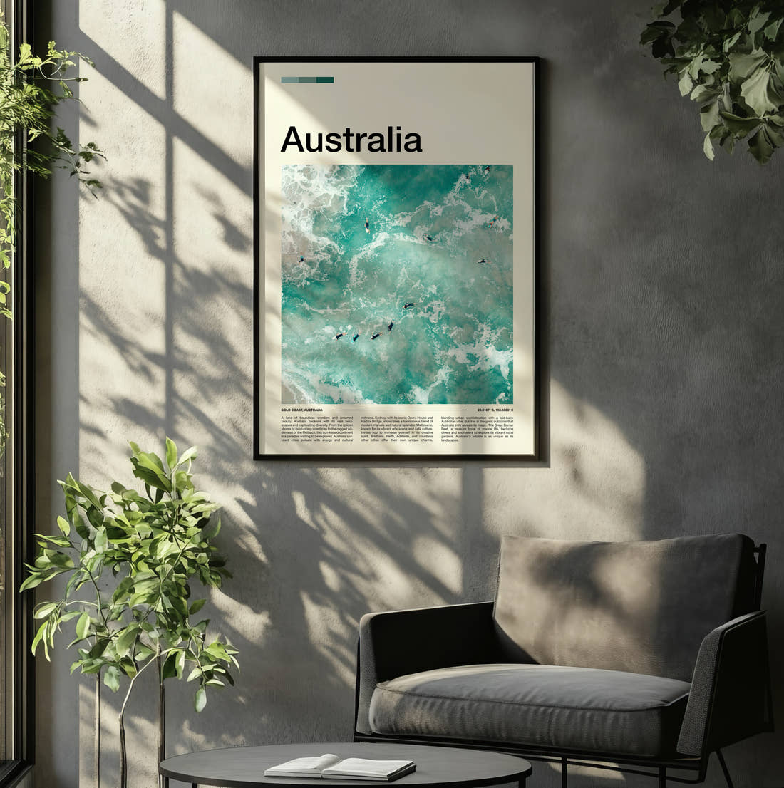 Australia Surfers In The Waves Travel Print framed on the wall of a relaxed living room