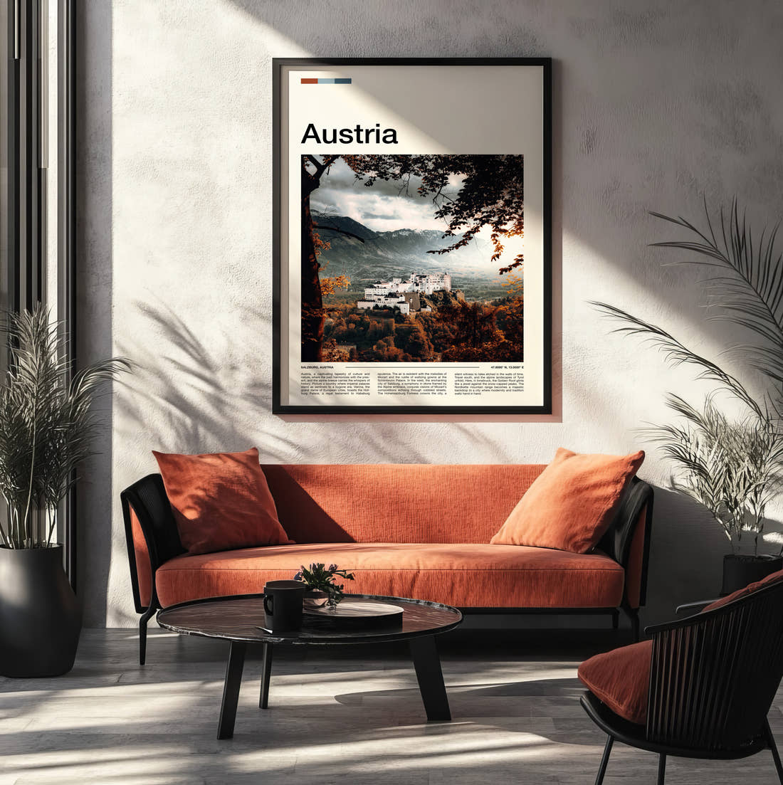 Austria Hohensalzburg Fortress Travel Print framed on the wall of a modern living room