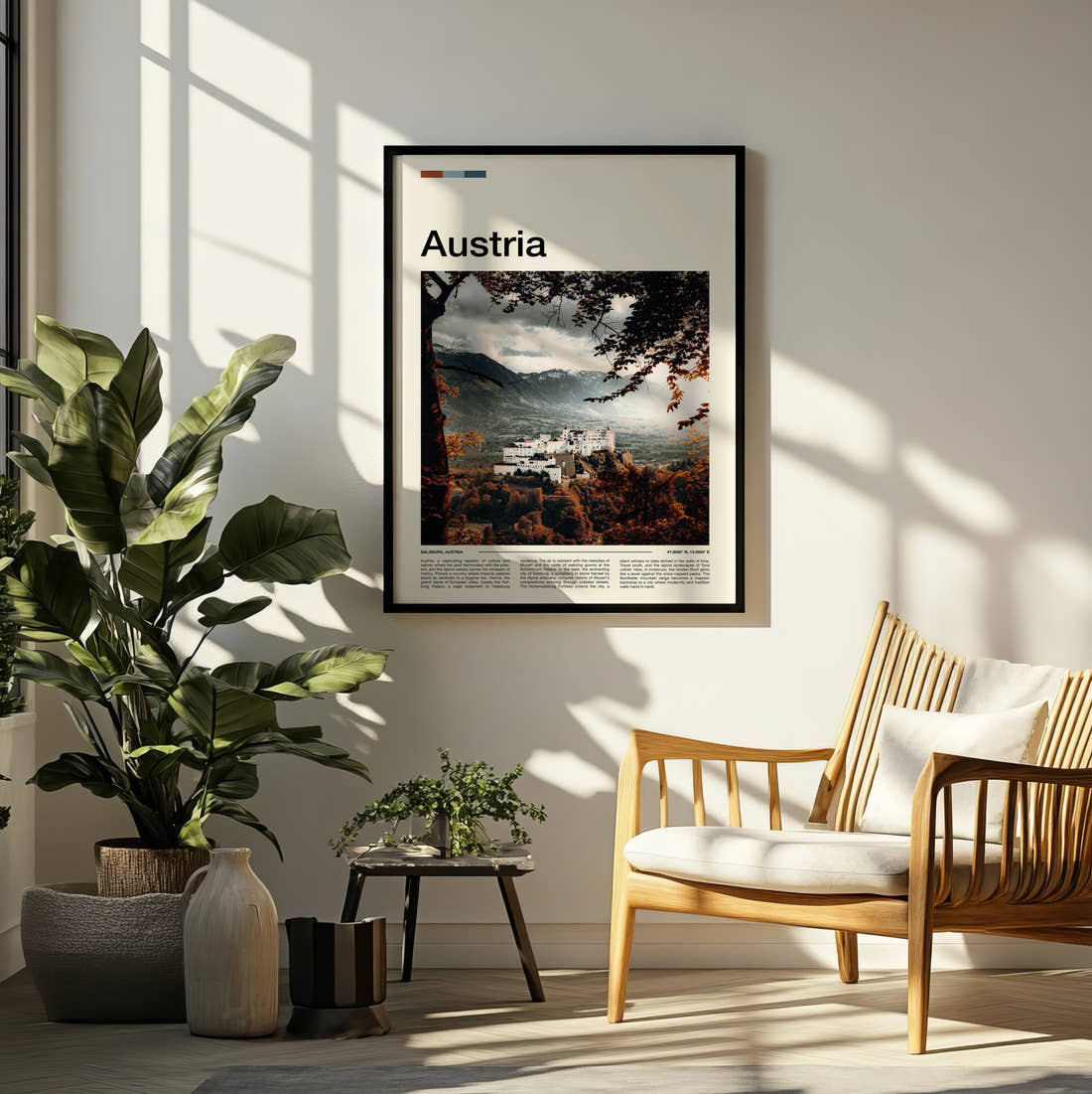 Austria Hohensalzburg Fortress Travel Print framed on a pale wall beside houseplants