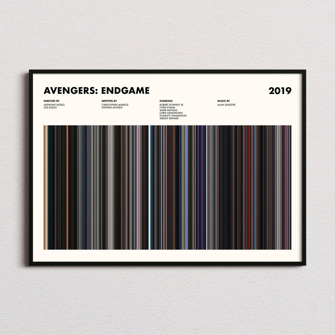 Avengers: Endgame Movie Barcode Poster framed and photographed straight on