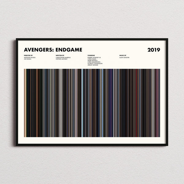 Avengers: Endgame Movie Barcode Poster framed and photographed straight on