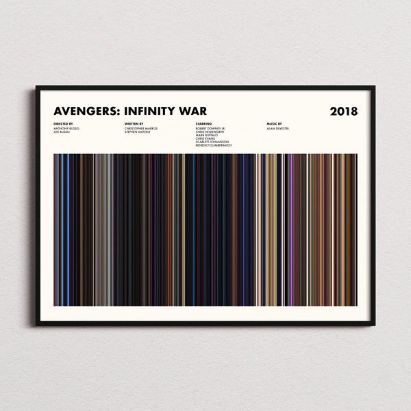 Avengers: Infinity War Movie Barcode Poster framed and photographed straight on