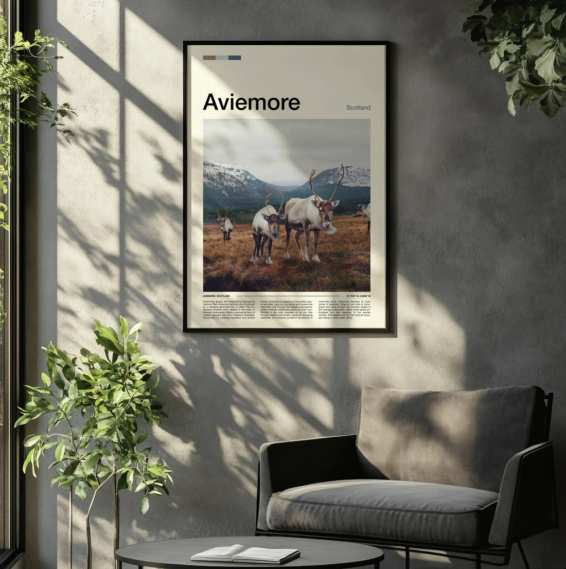 Aviemore Reindeer Travel Print framed on the wall of a relaxed living room