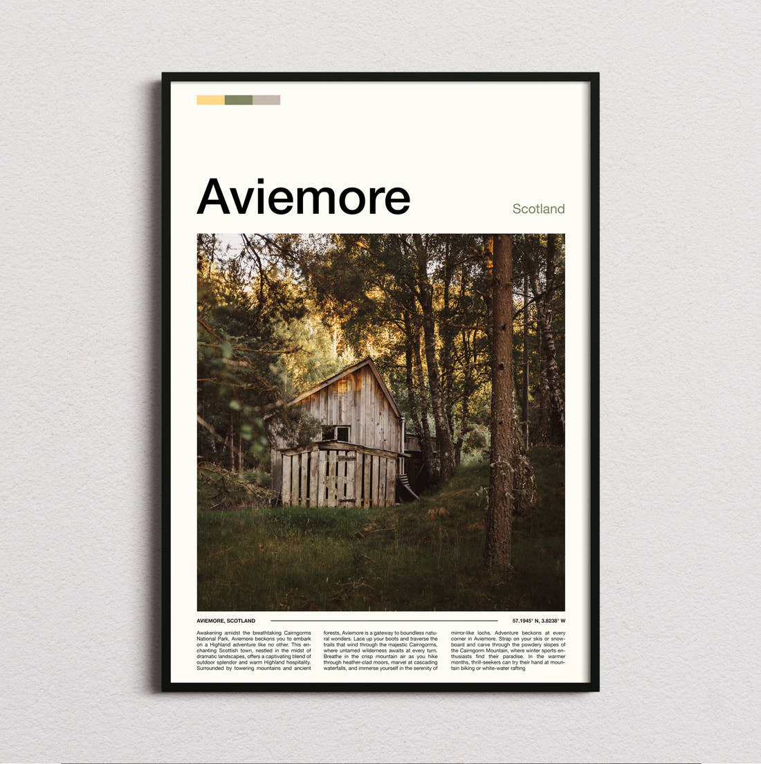 Aviemore Wooden Hut In Forest Travel Print framed and photographed straight on