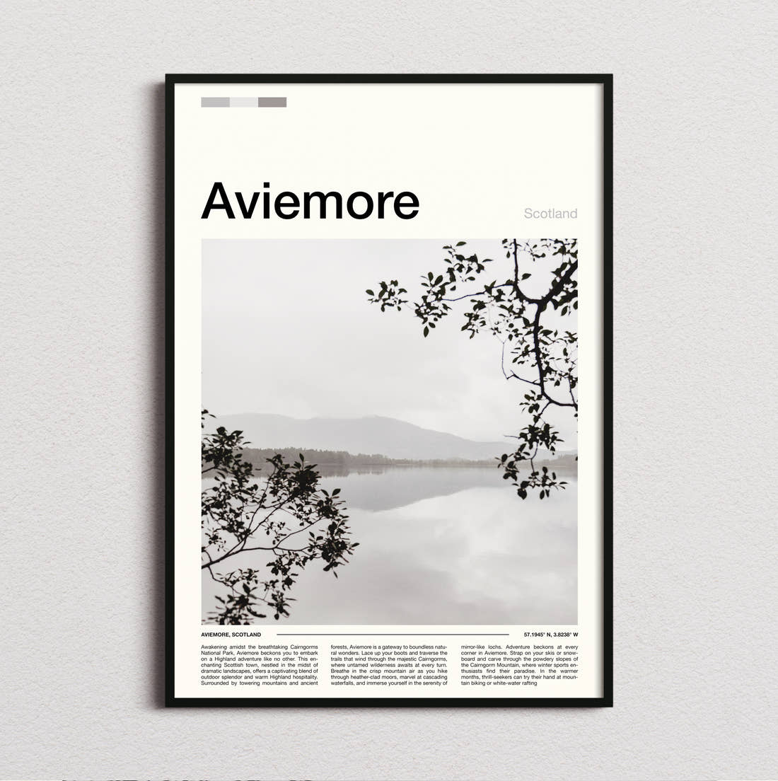 Aviemore Misty Loch Travel Print framed and photographed straight on