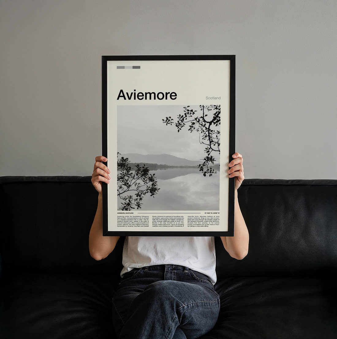 Aviemore Misty Loch Travel Print held up by hand to show the size of the print