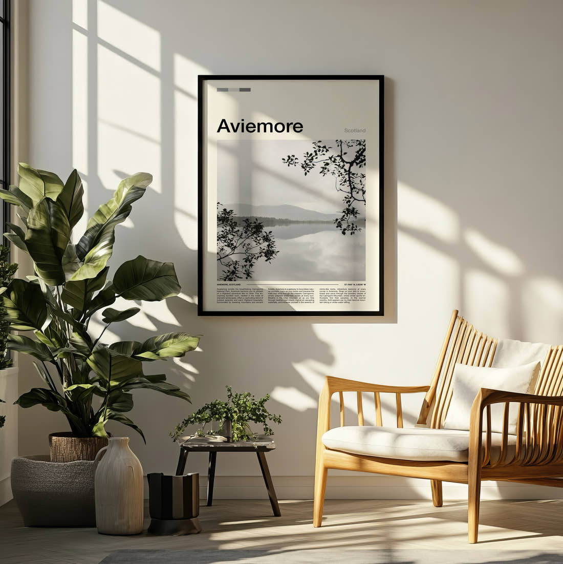 Aviemore Misty Loch Travel Print framed on a pale wall beside houseplants