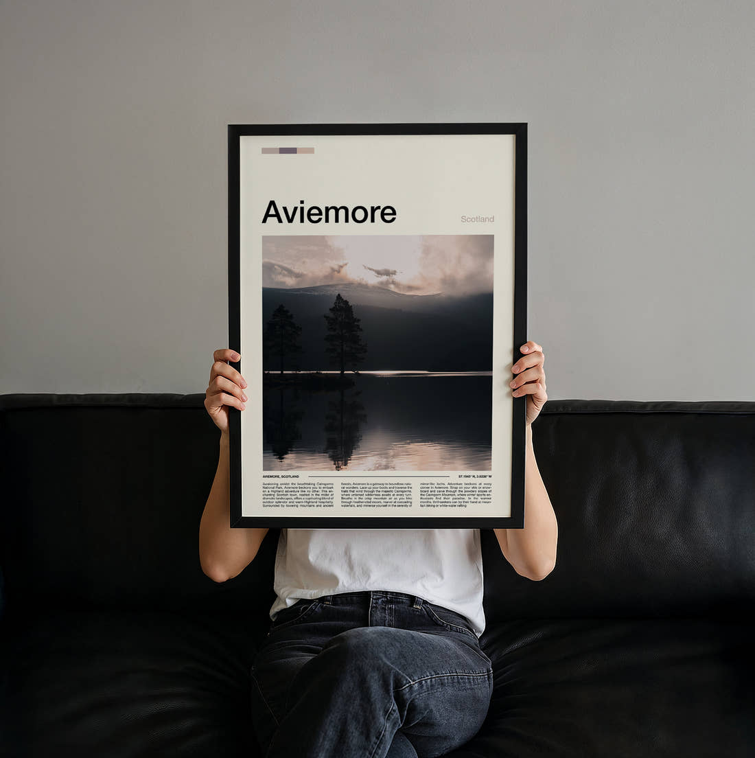 Aviemore Pines On The Loch Travel Print held up by hand to show the size of the print