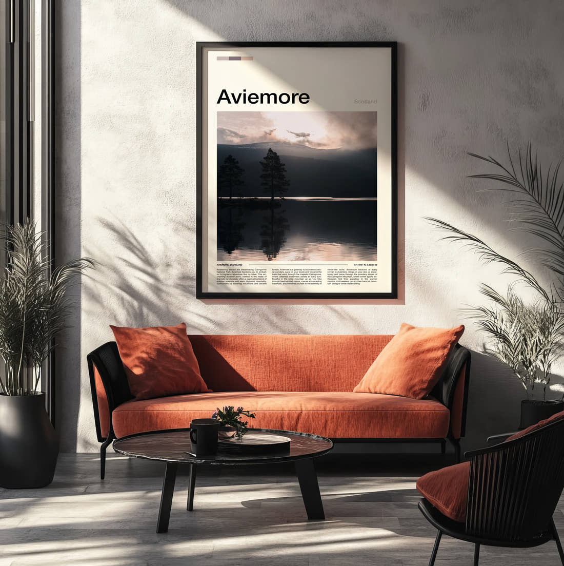 Aviemore Pines On The Loch Travel Print framed on the wall of a modern living room