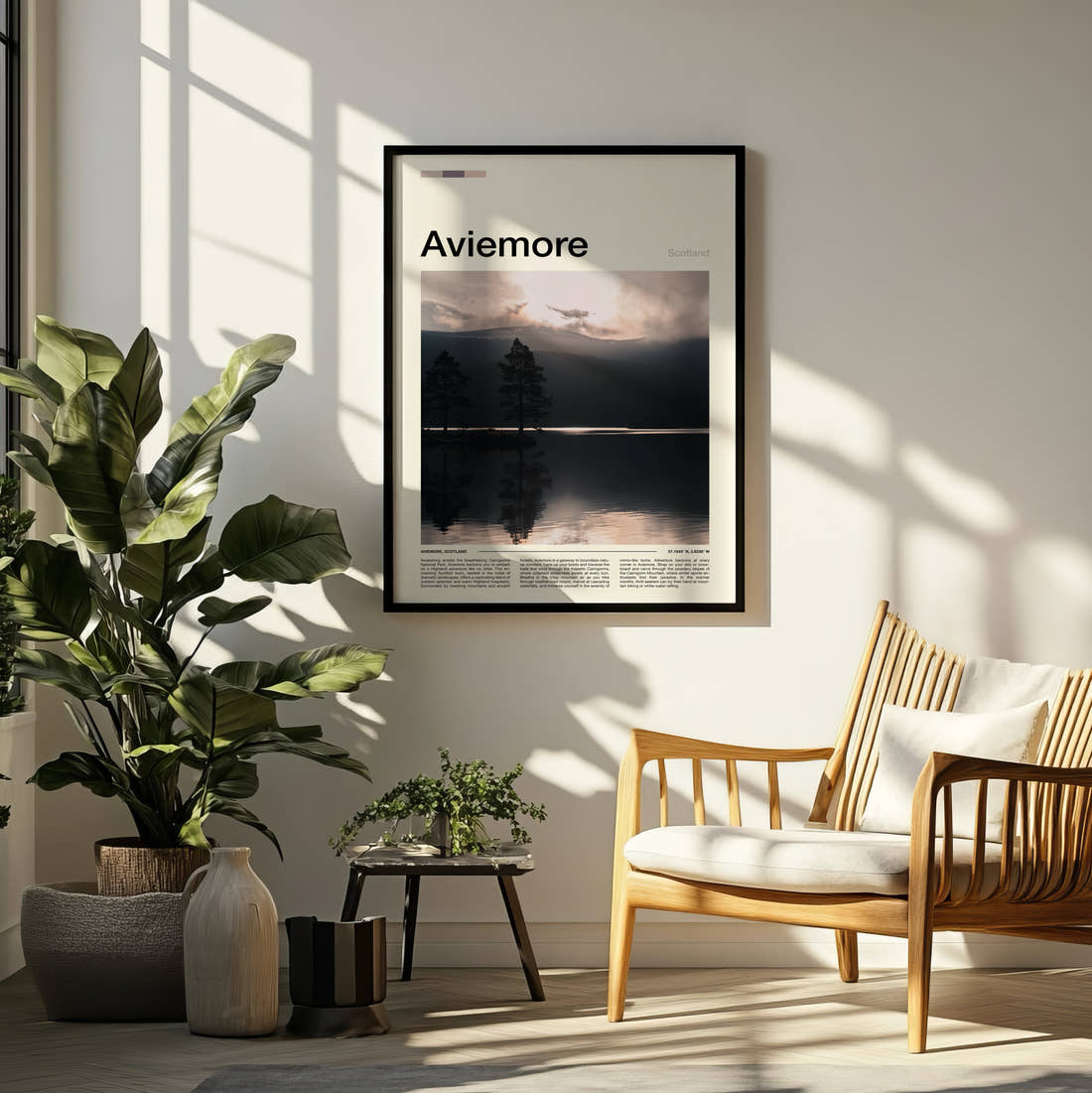Aviemore Pines On The Loch Travel Print framed on a pale wall beside houseplants