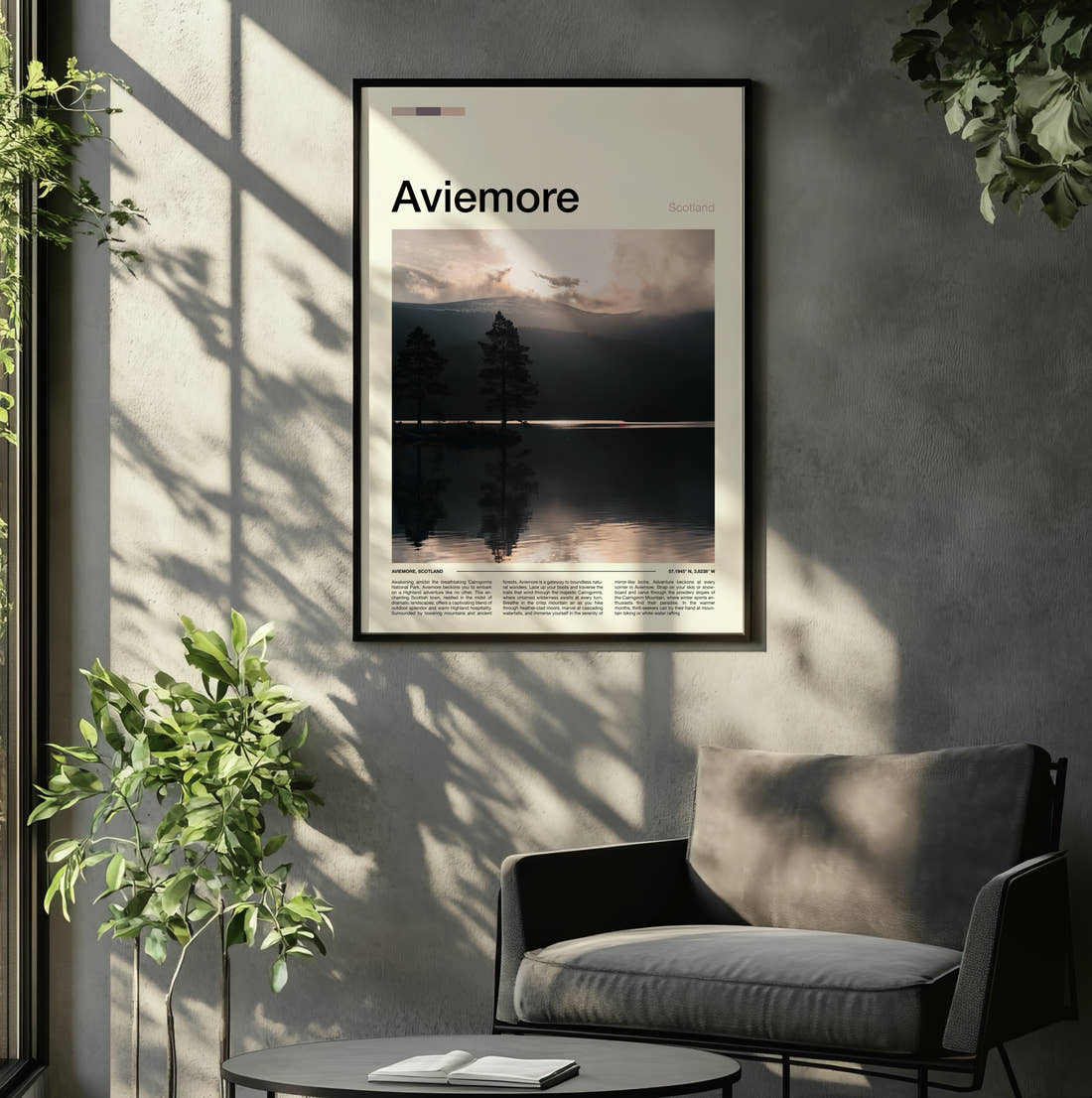 Aviemore Pines On The Loch Travel Print framed on the wall of a relaxed living room