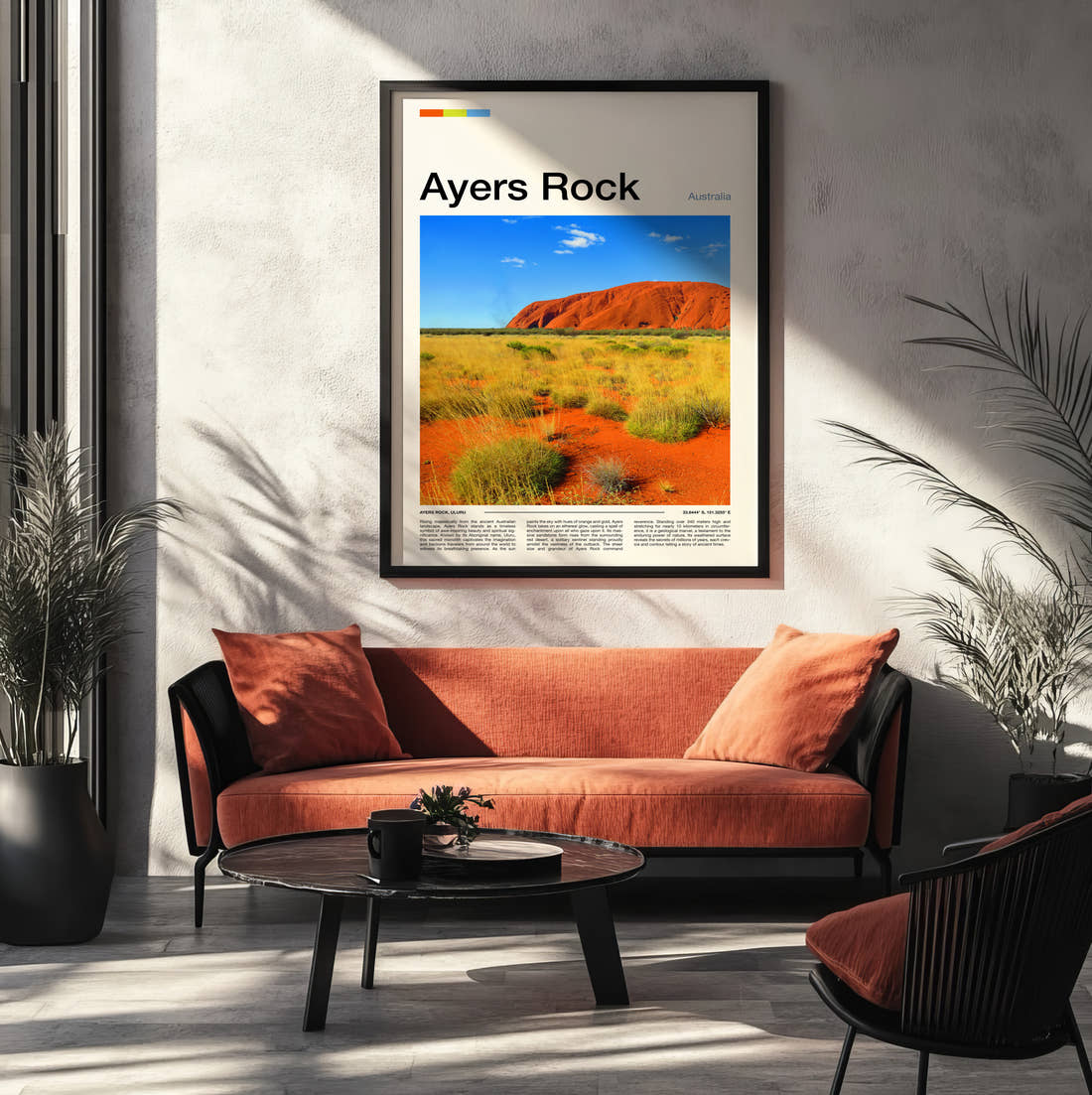 Ayers Rock Uluru Travel Print framed on the wall of a modern living room