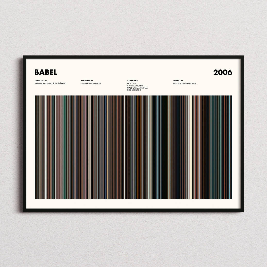 Babel Movie Barcode Poster framed and photographed straight on