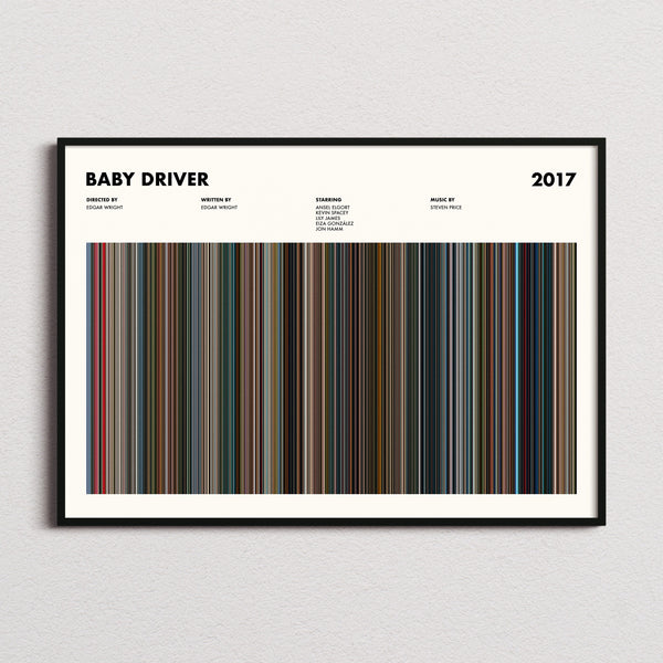 Baby Driver Movie Barcode Poster framed and photographed straight on