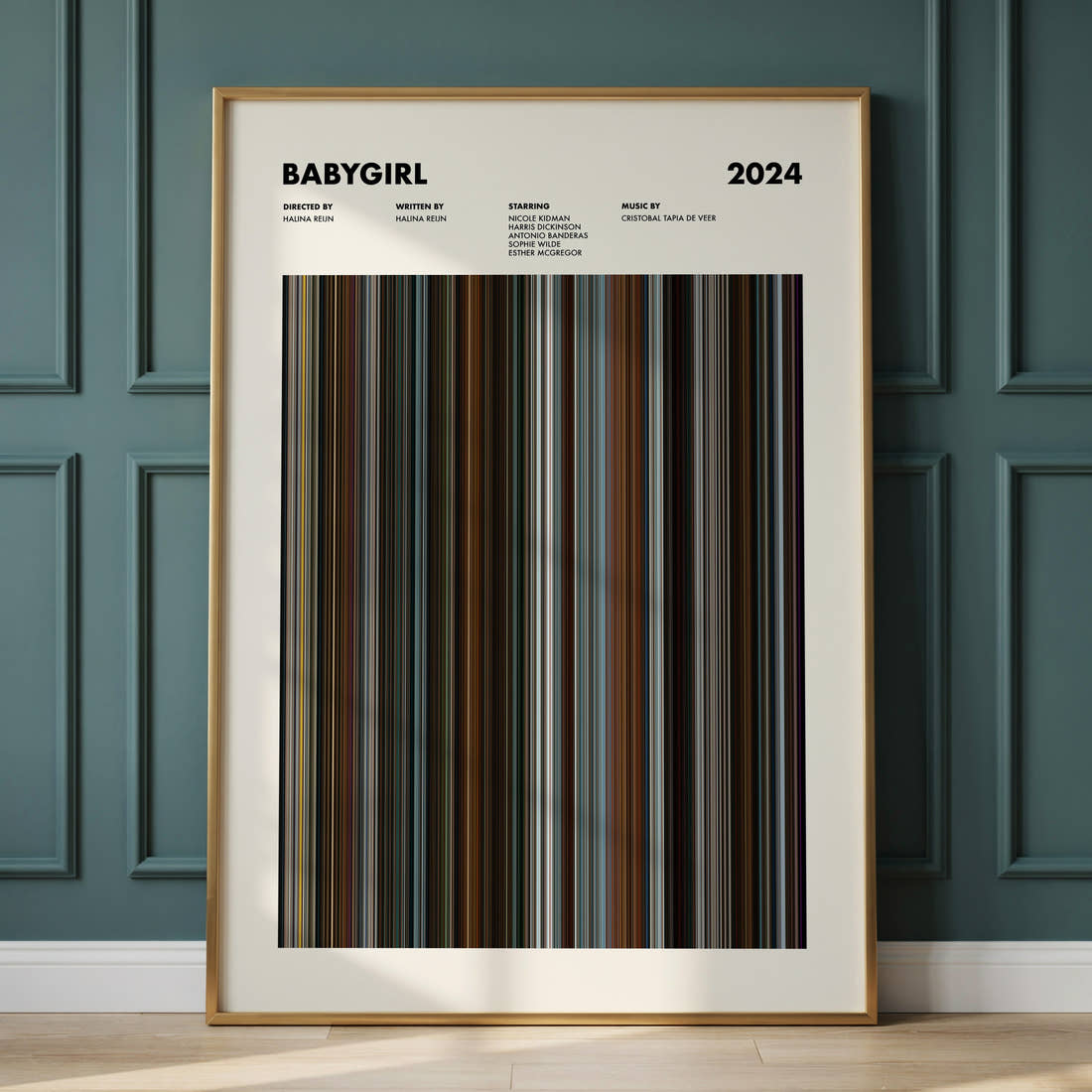 Babygirl Movie Barcode Poster framed and leaning against a panelled wall