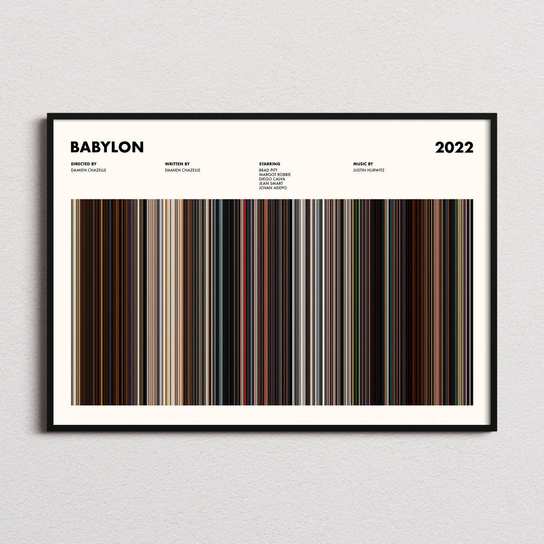 Babylon Movie Barcode Poster framed and photographed straight on