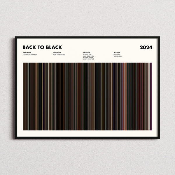 Back to Black Movie Barcode Poster framed and photographed straight on