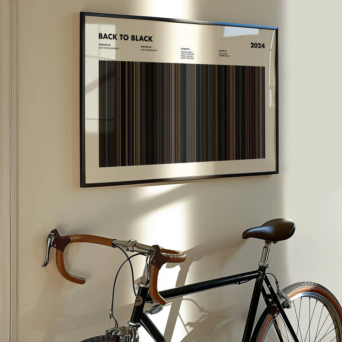 Back to Black Movie Barcode Poster framed on the wall of a styled room setting
