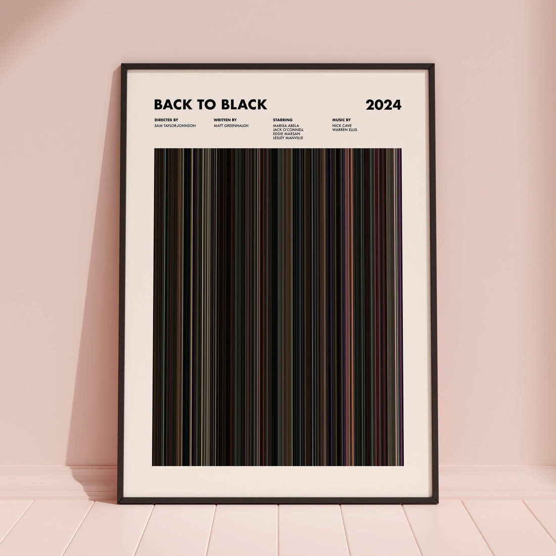 Back to Black Movie Barcode Poster framed and leaning against a coloured wall