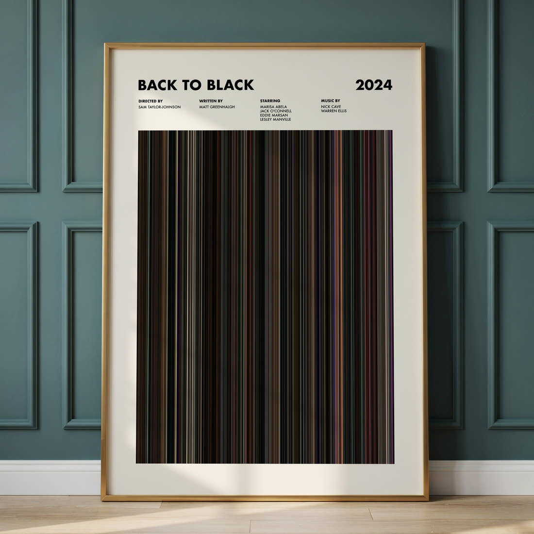 Back to Black Movie Barcode Poster framed and leaning against a panelled wall
