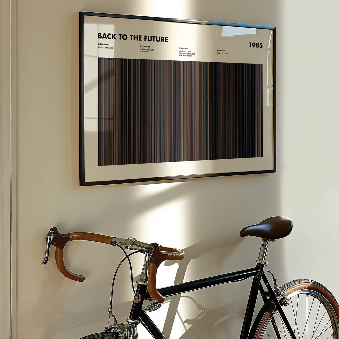 Back to the Future Movie Barcode Poster framed on the wall of a styled room setting