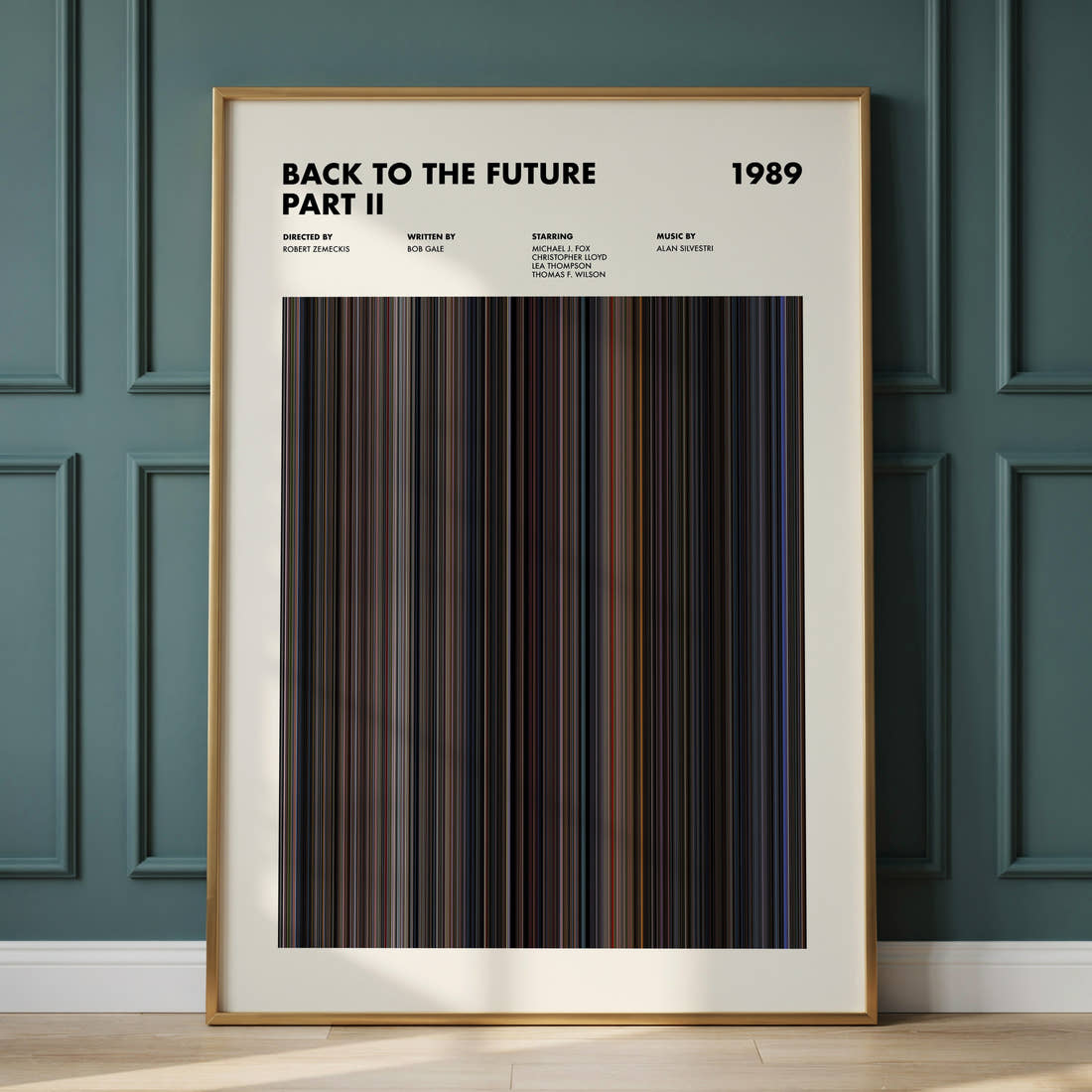 Back to the Future Part II Movie Barcode Poster framed and leaning against a panelled wall