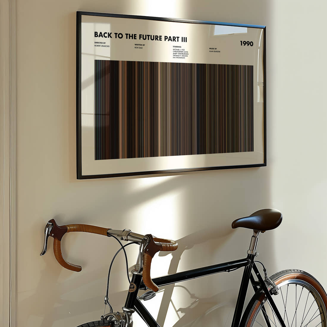 Back to the Future Part III Movie Barcode Poster framed on the wall of a styled room setting