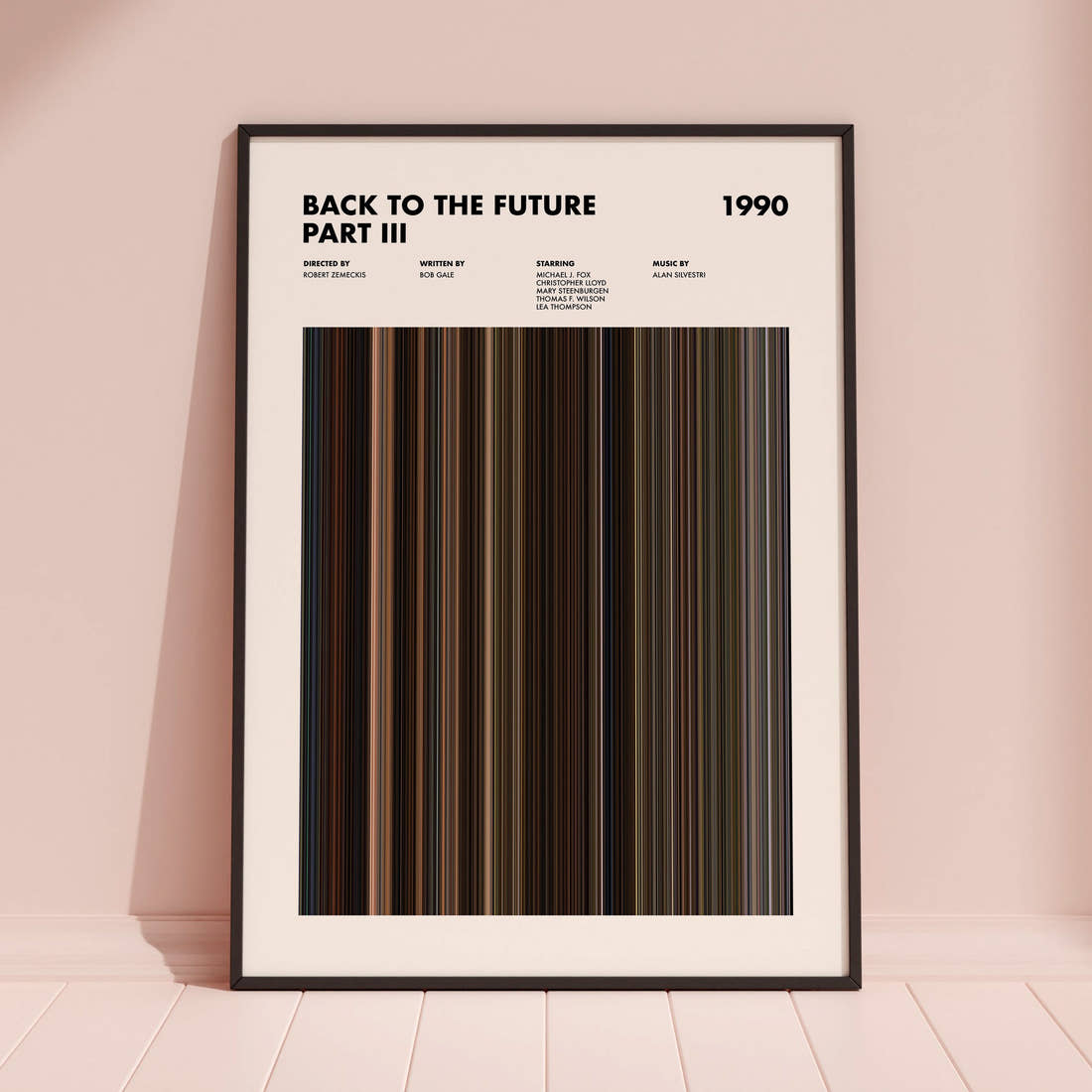 Back to the Future Part III Movie Barcode Poster framed and leaning against a coloured wall