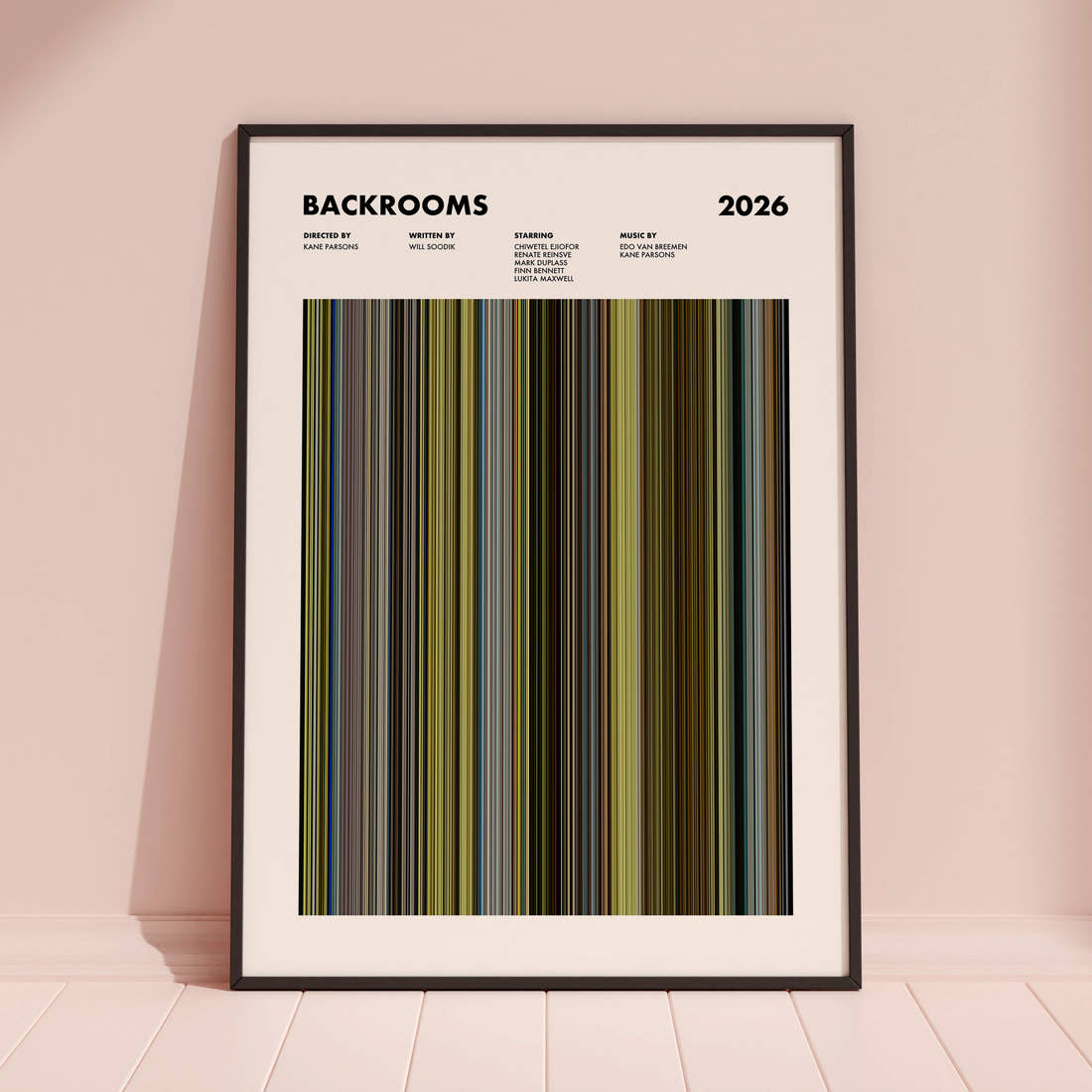Backrooms Movie Barcode Poster framed and leaning against a coloured wall