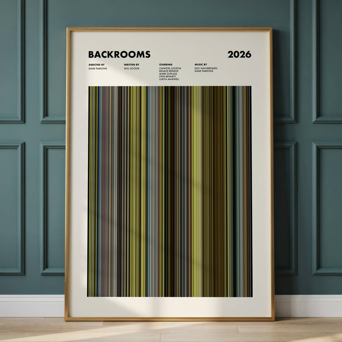 Backrooms Movie Barcode Poster framed and leaning against a panelled wall