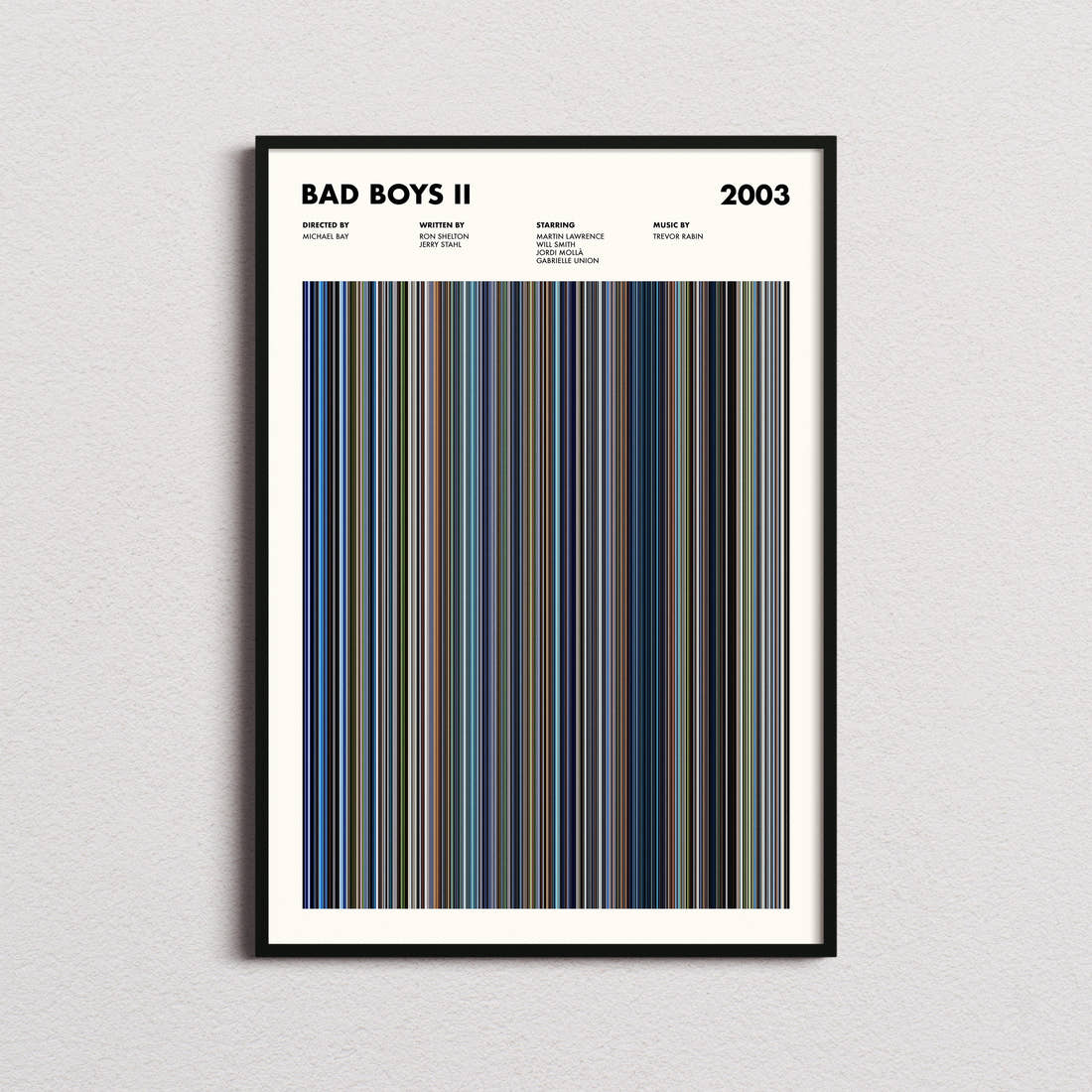 Bad Boys II Movie Barcode Poster framed on a plain studio wall