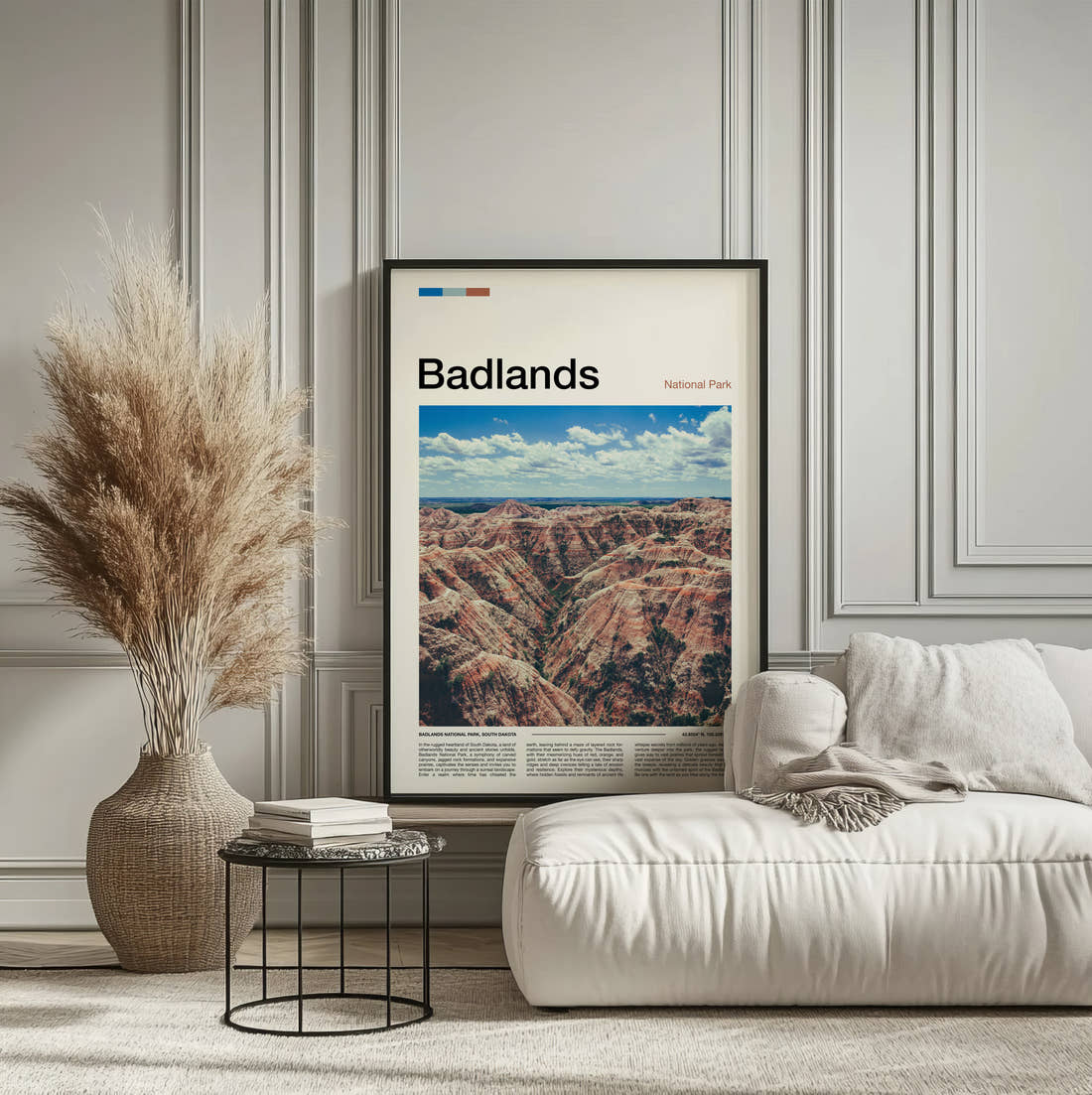 Badlands Eroded Rock Formations Travel Print framed on the wall of a calm, neutral bedroom