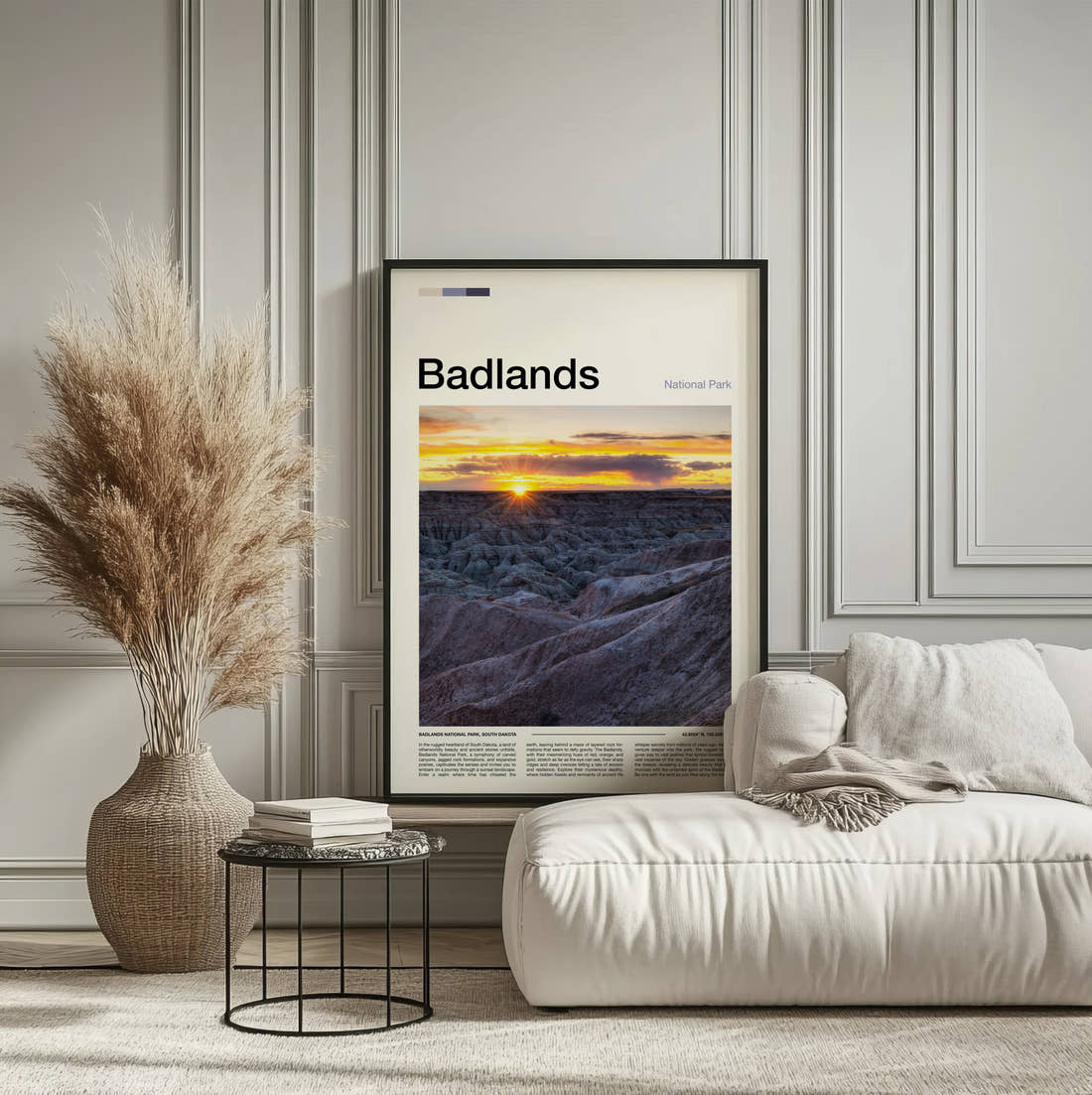 Badlands Sunset Over The Ridges Travel Print framed on the wall of a calm, neutral bedroom