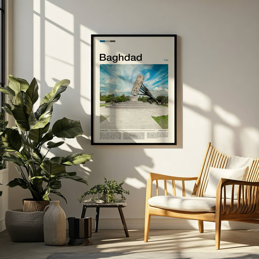 Baghdad Saving Iraqi Culture Monument Travel Print framed on a pale wall beside houseplants