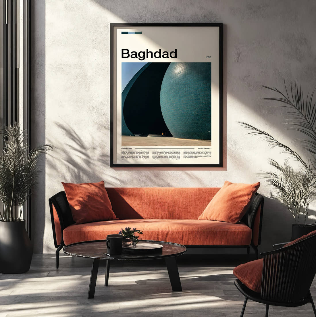 Baghdad Al-Shaheed Monument Travel Print framed on the wall of a modern living room