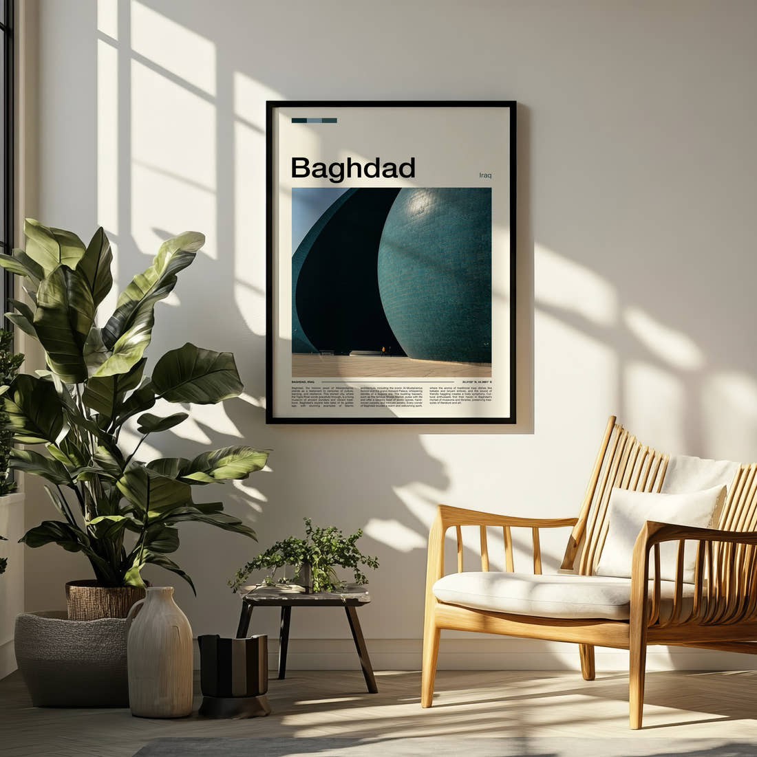 Baghdad Al-Shaheed Monument Travel Print framed on a pale wall beside houseplants