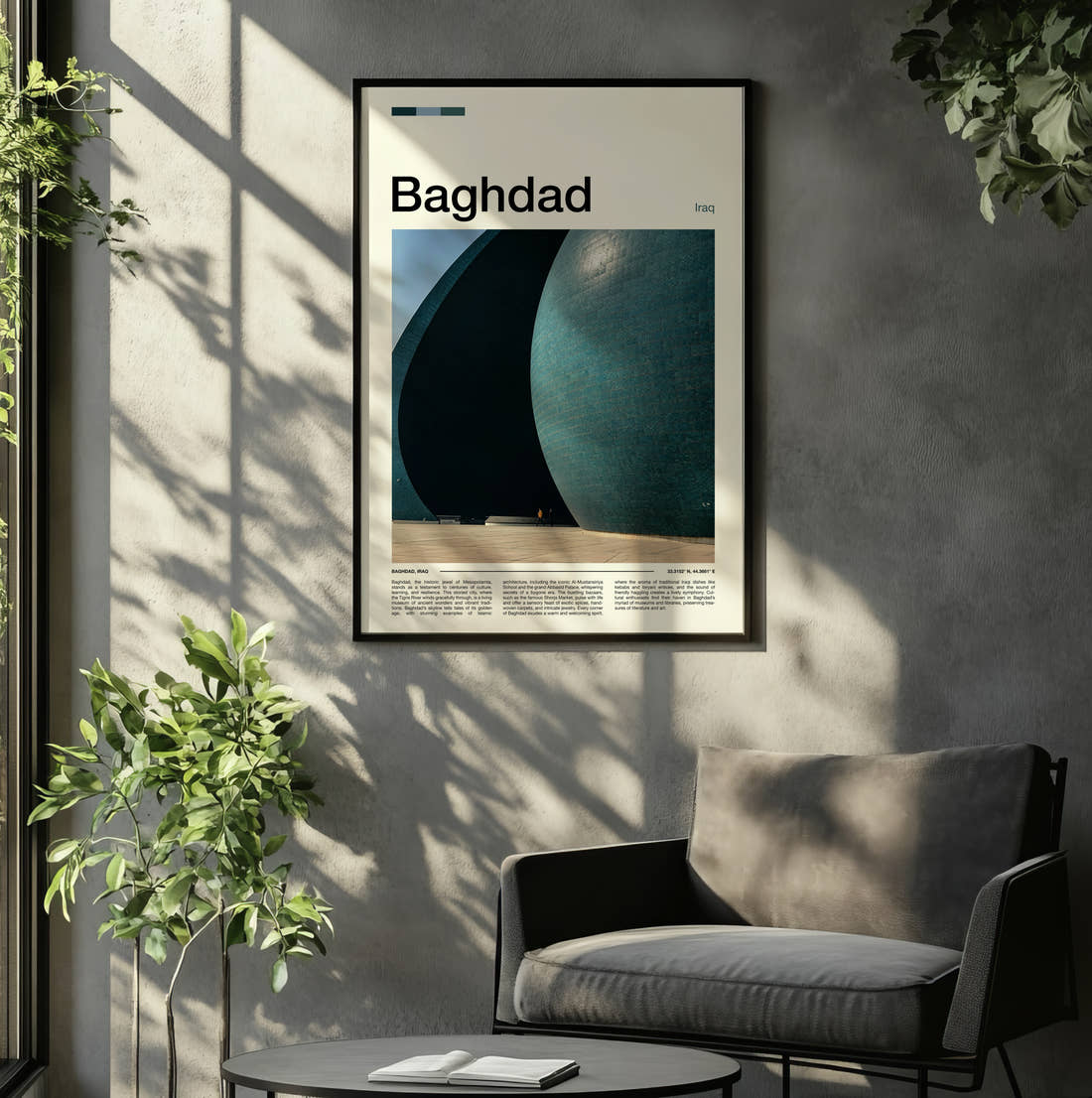 Baghdad Al-Shaheed Monument Travel Print framed on the wall of a relaxed living room