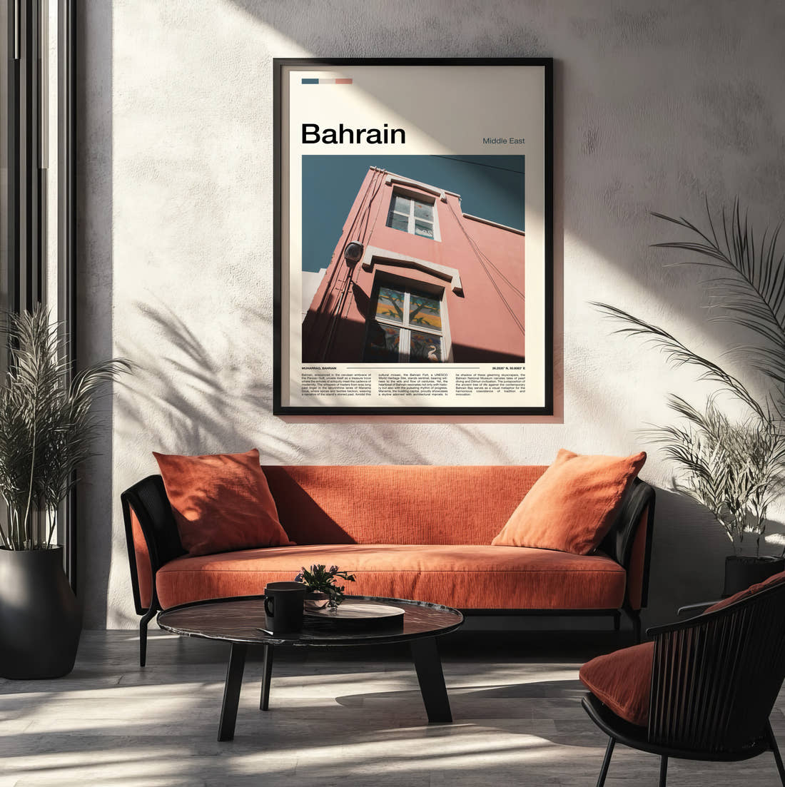Bahrain Pink Building Facade Travel Print framed on the wall of a modern living room