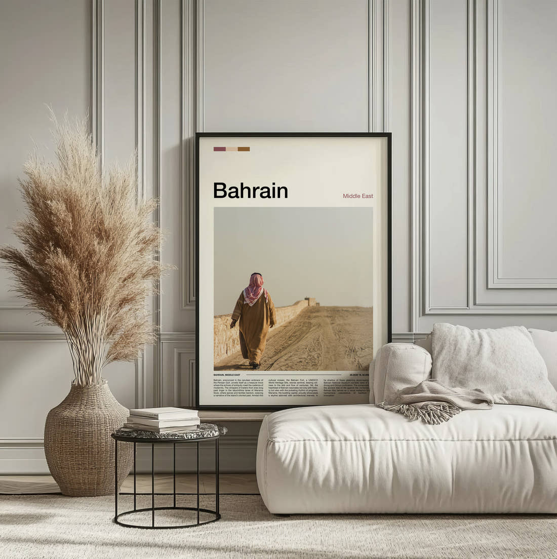 Bahrain Man In Traditional Dress Travel Print framed on the wall of a calm, neutral bedroom