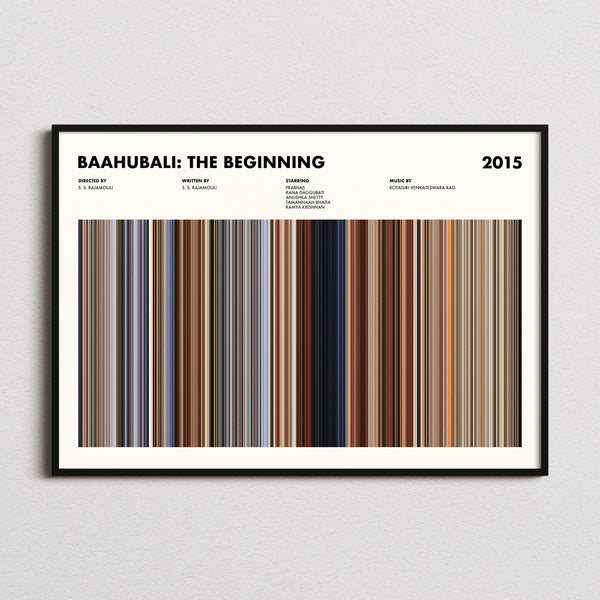 Baahubali: The Beginning Movie Barcode Poster framed and photographed straight on