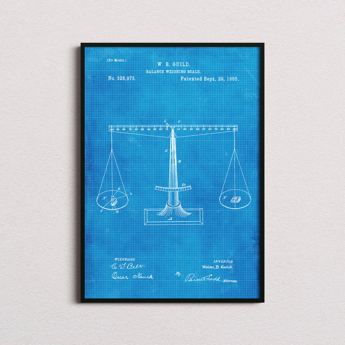 Balance Weighing Scale Patent Print in the blueprint colourway, framed
