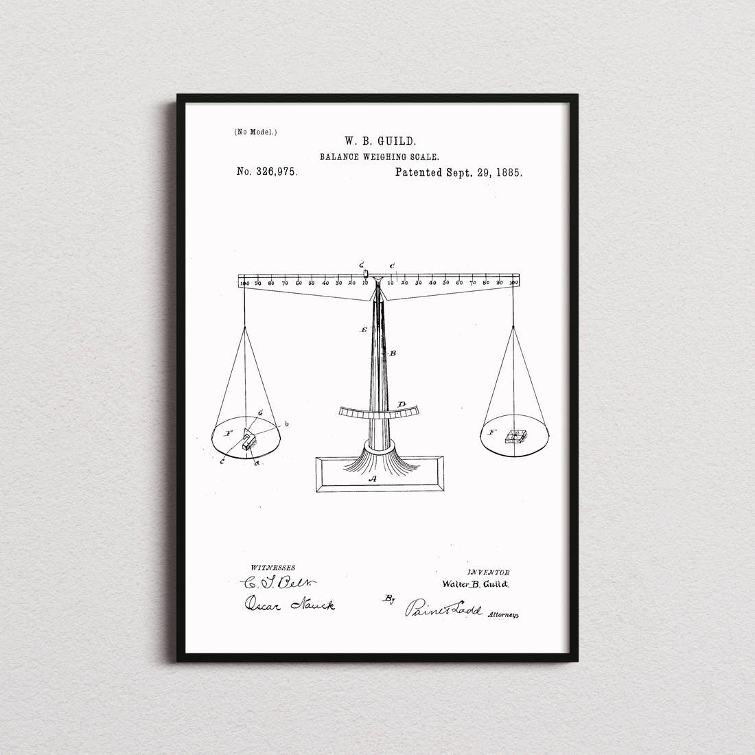Balance Weighing Scale Patent Print in the white colourway, framed
