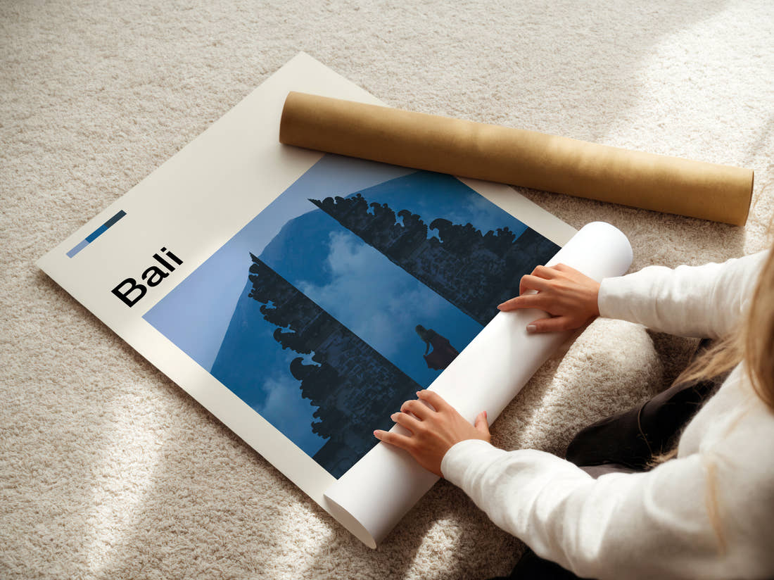 Bali Gates Of Heaven Travel Print being unrolled from its postal tube